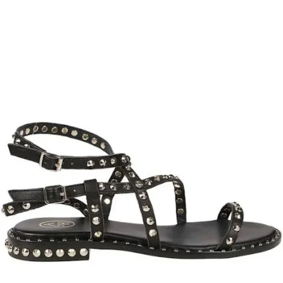 ASH Petra Silver Studded Sandals in Black Leather Size 7 EU 38 Brand New NIB NWT - Picture 4 of 5
